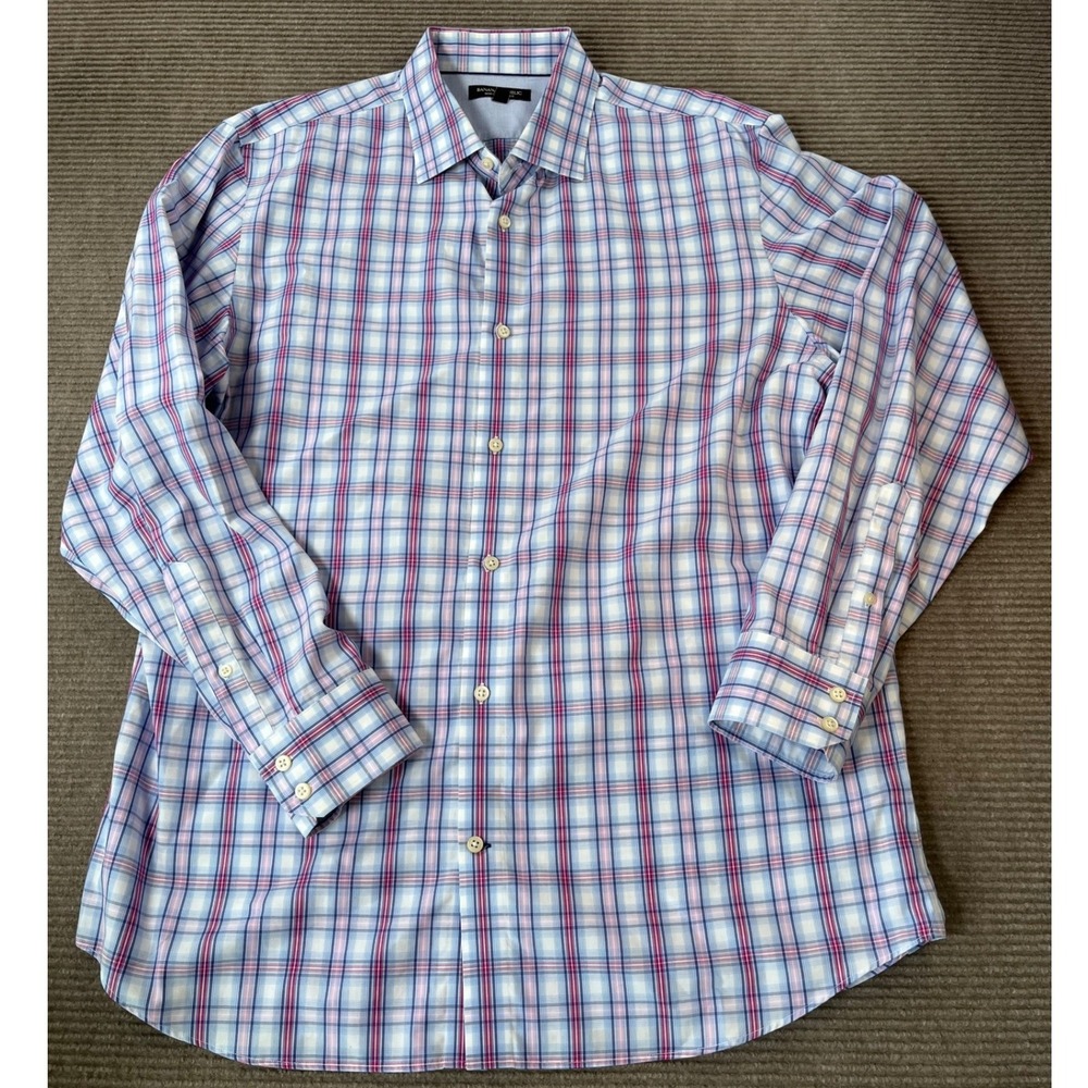 Banana Republic Mens XL Non-Iron Slim Fit Plaid Button Down Shirt Rose Mist Blue